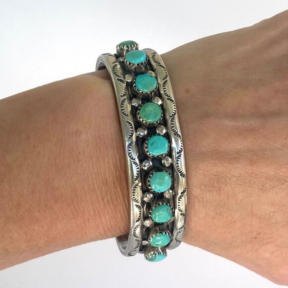 VTG Sterling Silver 925 Navajo Southwest Style Turquoise Stamped Cuff Bracelet - Picture 1 of 16